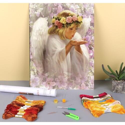 Angel Girl Boy Flowers Printed Canvas 11CT Cross Stitch Embroidery Full Kit DMC Threads Knitting Handicraft Hobby Decor