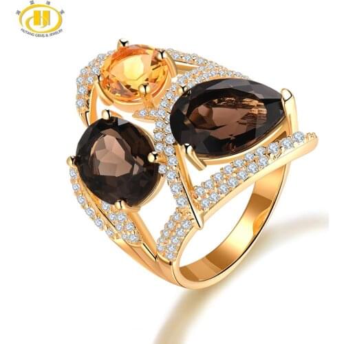 Hutang Smoky Quartz Citrine Wedding Ring Natural Gemstone 925 Sterling Silver Flower Rings Fine Elegant Jewelry for Womens New