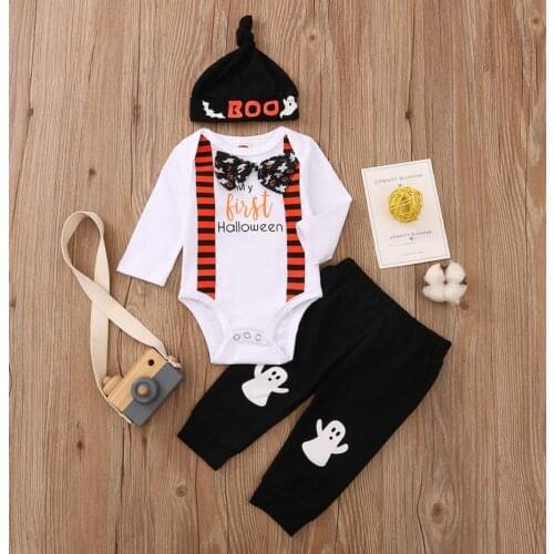 3Pcs Baby Halloween Outfit Letters Print Long Sleeves Romper Ghost Print Pants Hat Toddler Boys Halloween Costume 0-18 Months
