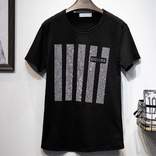 Summer Rhinestone Bling Graphic Fashion T-Shirts 2021 New Short Sleeve Women Casual Loose Black Tops Ullzang Streetwear Clothes