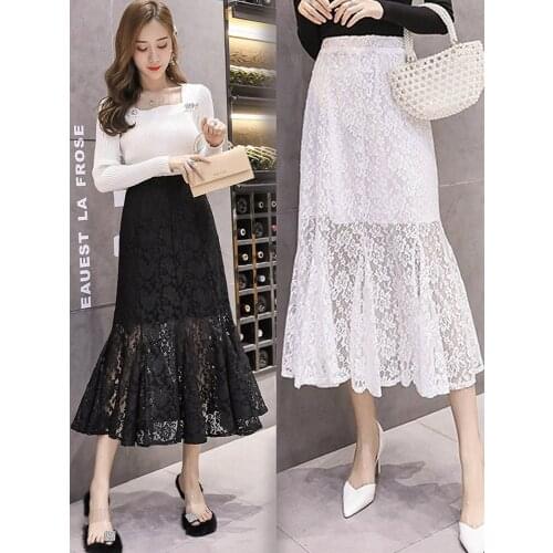 Summer Women Midi Skirt Elastic High Waist New Korean Version Style Beautiful White Black Fashion Mermaid Lace Skirt #09002