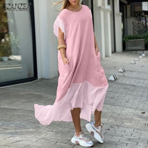 2021 Summer ZANZEA Bohemian Women Chiffon Dress Vintage Patckwork Short Sleeve Maxi Vestidos Casual Ladies Solid Loose Sundress