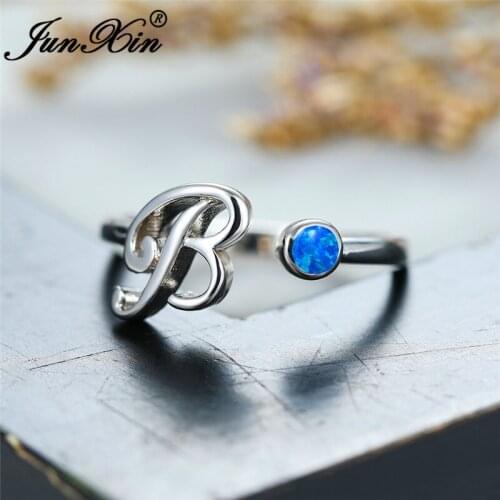 Cute Letter B Open Adjustable Blue Fire Opal Rings For Women Silver Color Round Rainbow Stone Wedding Thin Ring Lady Jewelry