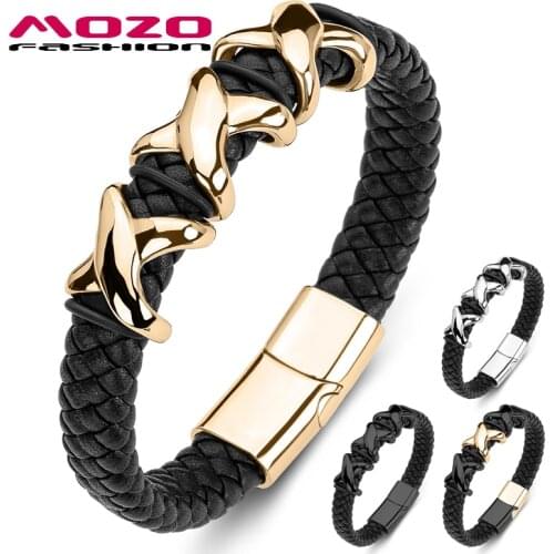 Men Braided Genuine Leather Bracelets Punk Gold Cross Bangle Collocation Women Jewelry 4 Colors