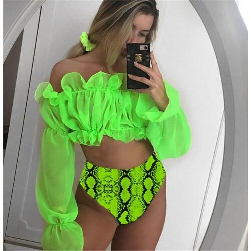 Neon Green Bikini Top Set Swimsuit Women Snake Print Long Sleeve High Waist Swimwear 2020 New Sexy Ruffled Bathing Suit Set Girl