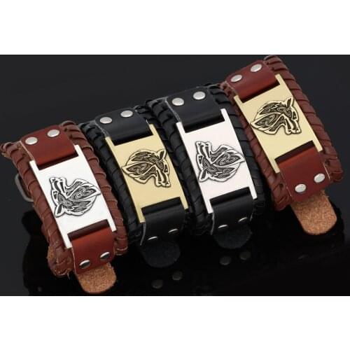 Nodic viking odin wolf leather amulet bracelet -adjustable size 19-31 cm