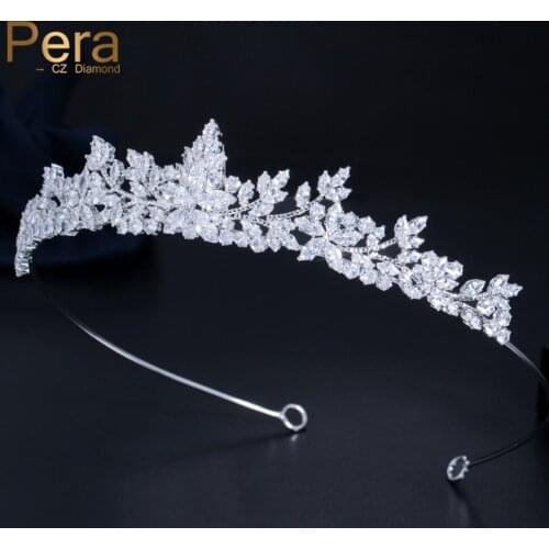 Pera Elegant Leaf Design Cubic Zirconia Women Headband Accessories Big Crystal Tiara Crowns Bridal Hair Jewelry Accessories H028