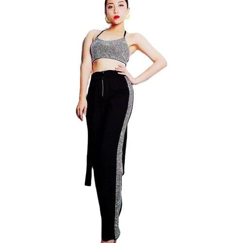 Luxury Diamond Women Halter Tops Black Casual Style Pants Nightclub Singer Party Show Stage Wear Sleeveless Pole Dancing Costume
