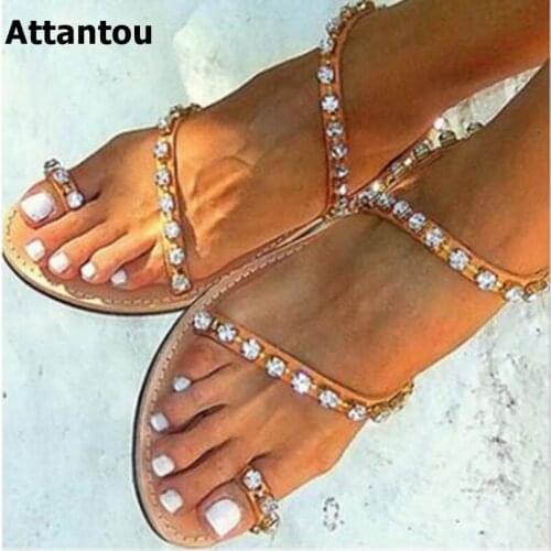 Fashion Leather Women Sandals Bohemian Diamond Slippers Woman Flats Flip Flops Shoes Summer Beach Sandals flip flops 34-42