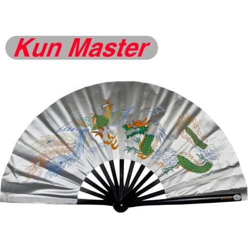 Kun Master 34 Cm Bamboo Chinese Kung Fu Tai Chi Fan With Dragon And Phoenix Design Silver Cover