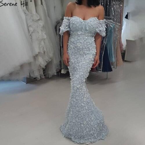 Serene Hill Blue Sexy Strapless Short Sleeves Mermaid Evening Dress 2020 Embroidery Flowers Fashion Formal Party Gown CLA6519