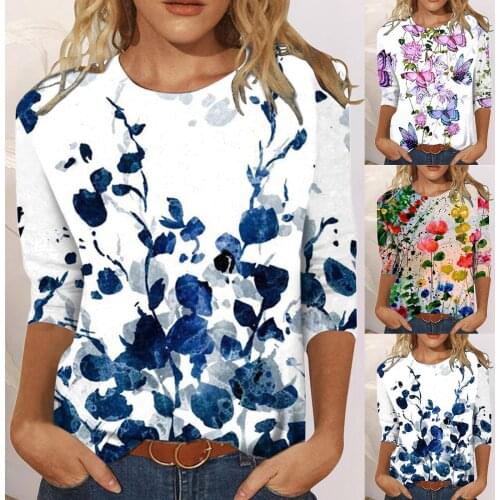 Big Size Harajuku Loose Shirts Womens Clothing Fashion Womens Flower Printed Mid-length Sleeves Crew-Neck Casual Tee Tops