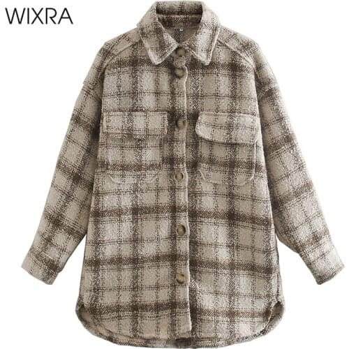Wixra Womens Jackets Vintage Overcoats Female Turn Down Collar Wool Blend Casual Plaid Outerwears 2021 Autumn Spring New