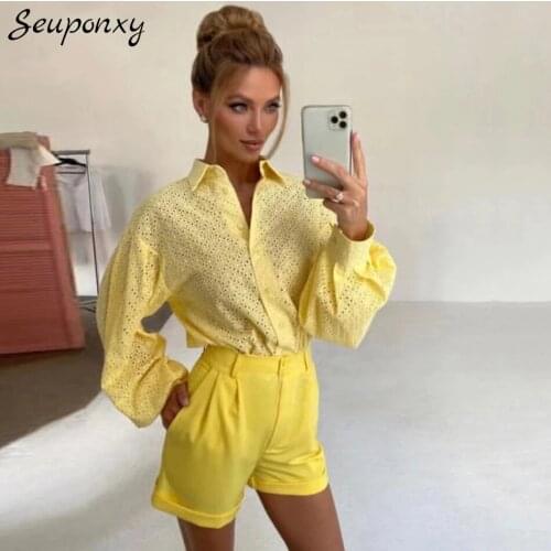 High Quality WomenS Elegant Hollow Loose Shirt 2021 Summer Sexy Lapel Lantern Sleeve Single-Breasted Casual Fashion Top