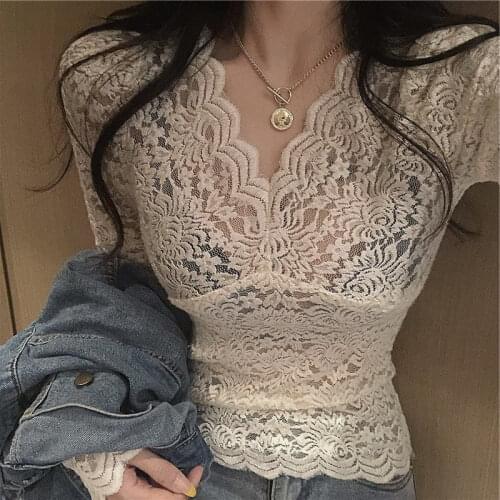 Womens Spring Autumn Style Lace Blouse Shirt Womens Hollow Out Lace Embroidery V-Neck Korean Sexy Tops DD8346
