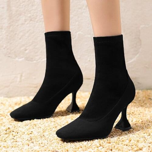 2021 Autumn Fashion Leather Velvet Women Ankle Boots Square Toe Sexy Wine Glass Heeled Elastic boots Winter Warm Ladies Booties
