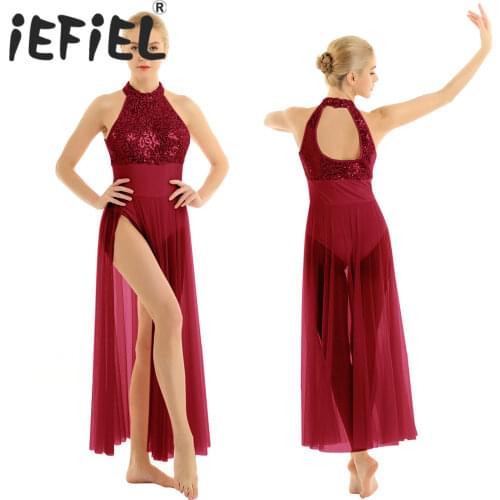 Women Female Ballet Dancewear Mesh Patchwork Dance Dress Long Sleeve Back Zipper Skirted Leotard Dresses for Stage Performance