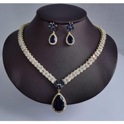 2021 Hot sale New fashion vintage blue water drop necklace earring set wedding party birthday banquet jewelry set free shipping
