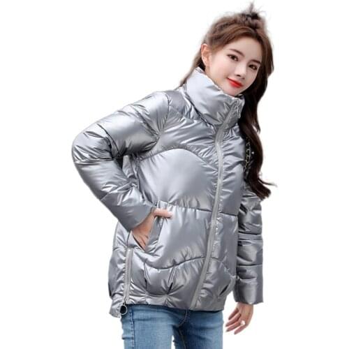 2021 Autumn Womens Winter Coats Fashion Silver Stand Collar Parkas Winter Jacket Women Pockets Padded Cotton Coat