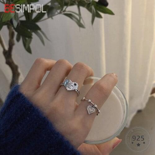 Besimpol Real 925 Sterling Silver Heart Ring Elegant Vintage Open Rings For Women Valentines Day Jewelry Gifts