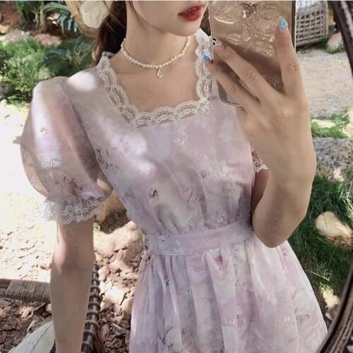 Elegant Floral Dress Women Korean Lace Up Chiffon Princess Kawaii Dress French Casual Fit Chic Summer Beach Party Fairy Dress