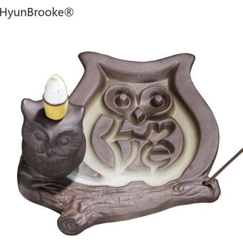 Zen Backflow Incense Burner Owl Ceramic Aromatherapy Buddhist Waterfall Censer Incense Coil Stick Holder +10Pcs Incense Cones