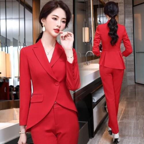 IZICFLY New Style Autumn Winter Red Fashion Career Pant Suit Women Office Business Blazer Set With Trouser Work Wear 2 Piece