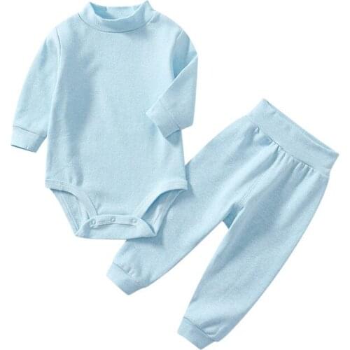 Solid Unisex 2PCS Pajamas Sets Full Sleeve Turtleneck Cotton Baby Girl Boy Clothes Striped Bodysuits+Pants Thermal Underwear