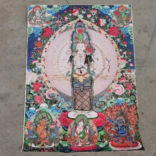 35" Thangka Kraft Paper Painted Tibetan Buddhism Nepal Thousand-Hand Guanyin Bodhisattva Thousand Buddha Head Kraft paper Thangk