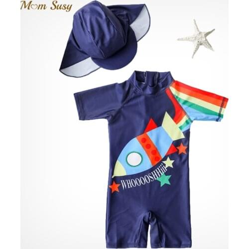 Summer Baby Boys Swim Suit One Piece With Cap Infant Toddler Child Swimwear Cartoon Zipper Bathing Suit Kid Swimming Clothing