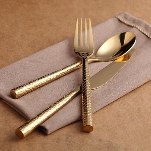 Dinnerware Set 304Stainless Steel 3pcs Golden Hammer Pattern Cutlery Set Steak Knife Main Fork Main Spoon Tableware Flatware Set