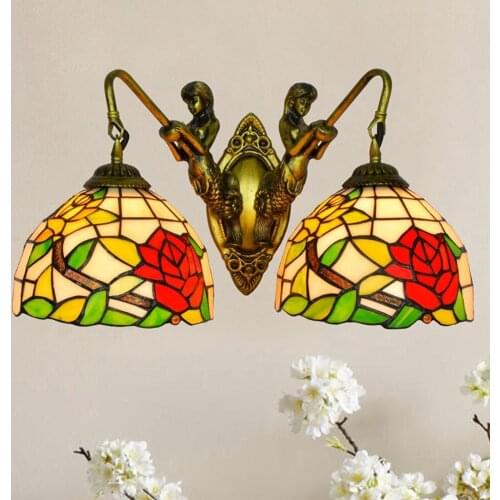Style retro Mermaid corridor double head wall lamp rose Tiffany stained glass living room dining room glazed lamp