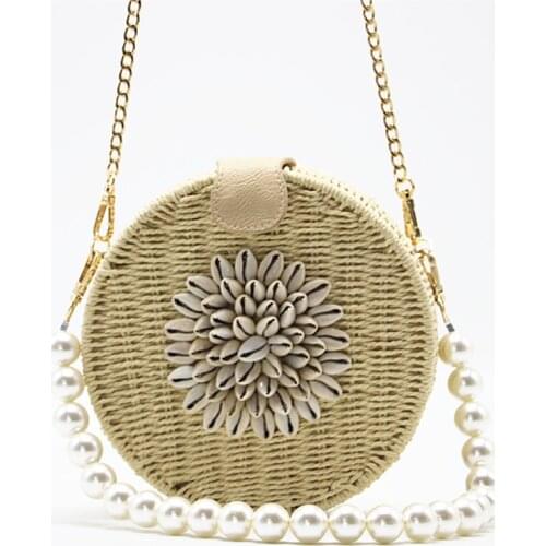 2021 New Round new shell pearl woven bag women straw shoulder bag