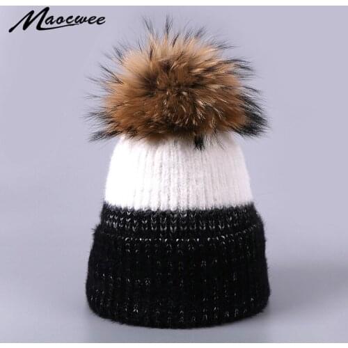 New Real Fur Pom Poms Women Winter HatsCasual Beanies Fashion Crochet Knitting Hat Brand Thick Female Cap Solid Color Hat Bonnet