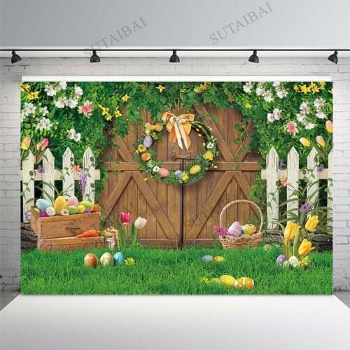 Easter Backdrops For Photography Wooden Door Grass Spring Flowers Eggs Baby Shower Party Decorations Photo Background Studio