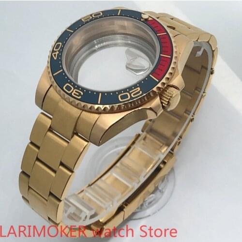 Transparent back cover 904L stainless steel gold strap bracelet with 40mm sapphire glass ETA NH36 MH35 case blue red bezel
