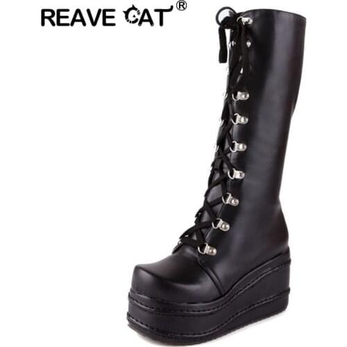 REAVE CAT Style Women Black Boots Casual Knee High Wedges Platform High Heel Boots Punk Gothic Shoes Lace Up Riding Boas QH3038