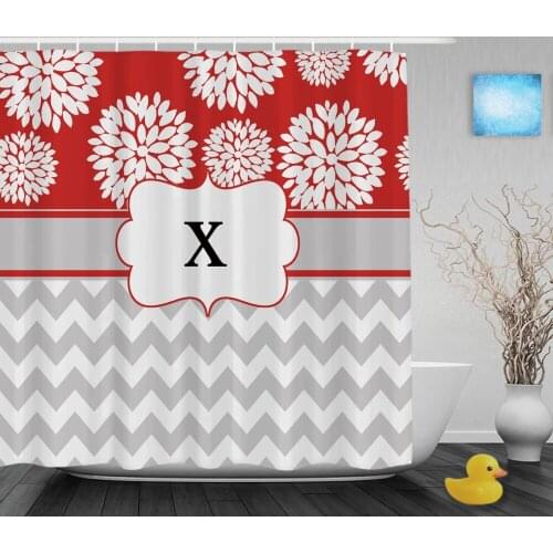 Gray Teal Chevron Blooms Personalized Shower Curtain Art Monogram Print Bathroom Curtains Polyester Fabric With Hooks