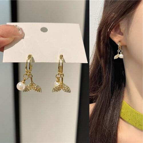 Cute Metal Hoop Pearl Rhinestone Mermaid Dolphin Tail Pendant Drop Earrings for Women Girls Teens Korean Fashion Earrings 2021