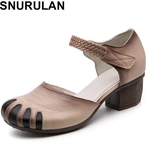 SNURULAN Summer Women Sandals 2020 New Ethnic Retro Genuine Leather Comfortable Thick High Heels Sandals Women Shoes