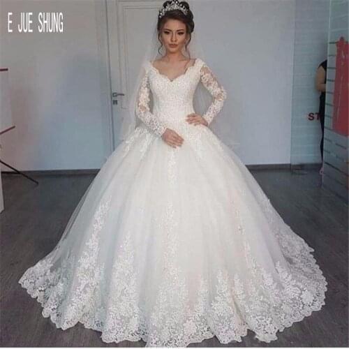 E JUE SHUNG Gorgeous Ball Gown Wedding Dresses Turkey V Neck Long Sleeves Lace Appliques Wedding Gowns Lace Up robe de mariage