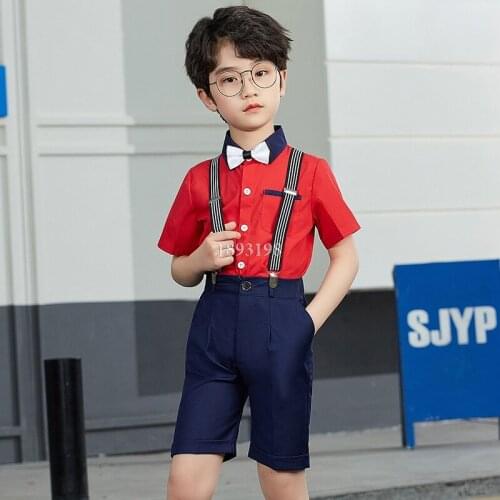 Boys Spring/summer Clothing Set Solid Color Bib Shorts Short Sleeve Shirt 2pcs Outfits British Style Kids Chorus Host Costume
