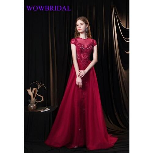 Wowbrial 2021 Elegant Beaded Floor Length Tulle Coral Lace Appliqued Dubai Evening Dresses with Long Sleeve
