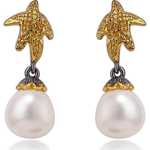 Jewelry Europe and the United States new original design hand inlaid starfish earrings S925 silver baroque pearl earrings