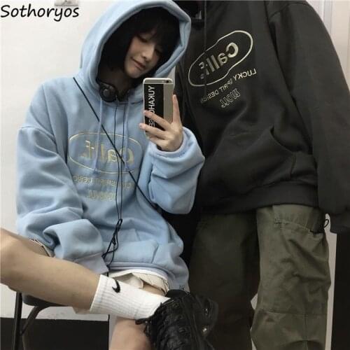 With Hat Hoodies Women Harajuku Students Couple Warm Thickening Loose Casual Embroidery Vintage Streetwear Fashion Ins Retro New