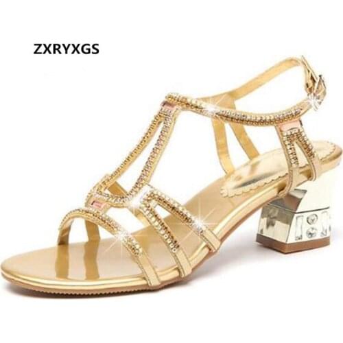 2019 New Open Toe Sexy Summer Women Sandals High Heels Genuine Leather Rhinestone Shoes Woman Fashion Sandals Shoes Size 34-41