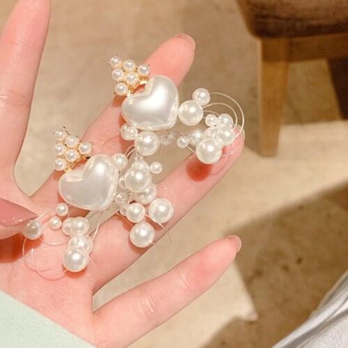 VSnow Korean Love Heart Simulation Pearl Dangle Earring for Women Girls Charming Beaded Fishing Line Earring Jewelry Pendientes