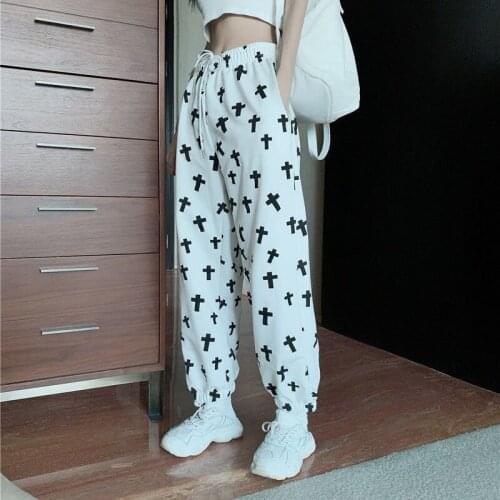 Women Printed Loose Korean Hip Hop Pants 2021 High Waist Jogging Pants Sportswear Trousers Female Casual Wide-leg Streetwear Pop