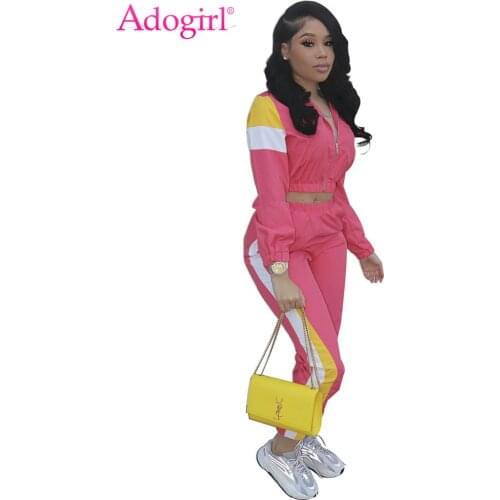 Adogirl Color Patchwork Women Casual Two Piece Set Tracksuit Zipper Crop Jacket Top + Sweat Pants Female Streetwear Sportswear