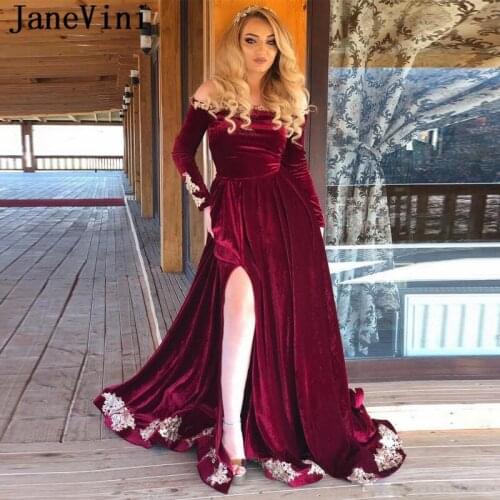 JaneVini Elegant Long Sleeves A Line Burgundy Prom Dresses 2019 Boat Neck Lace Appliques Side Split Velvet Plus Size Party Gowns